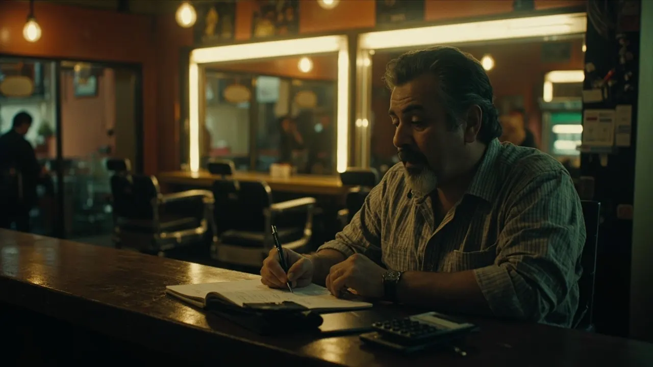 Dueño de una barbería revisando números con un cuaderno y una calculadora en el mostrador