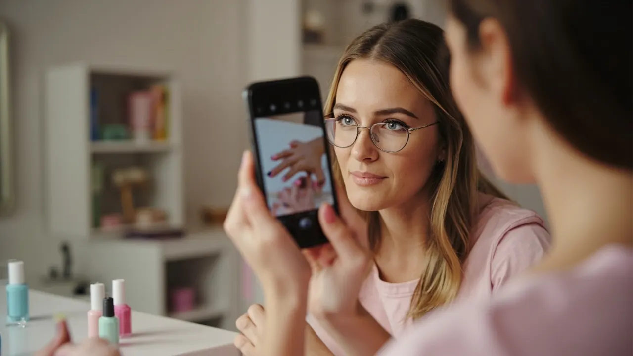 Manicurista fotografiando con el celular las uñas recién hechas de una clienta en su estudio