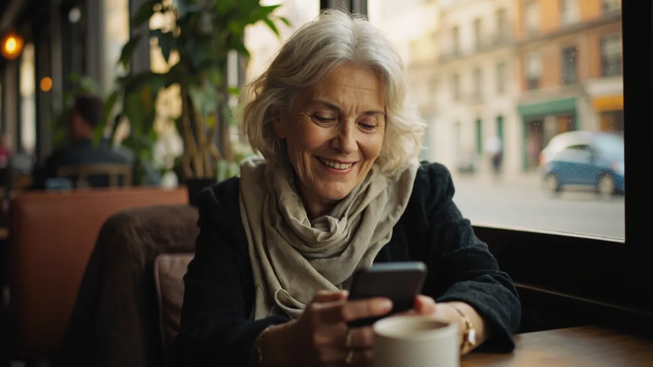 Mujer sonriendo mientras lee un mensaje en su celular, sentada en un café
